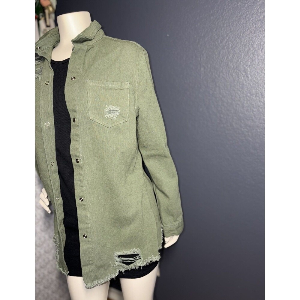 Womens Snap Button Front Shirt Shirt Jacket Size Small Olive Green Destroyed - Picture 3 of 10